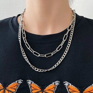 2 layered silvertone chunky chain necklaces